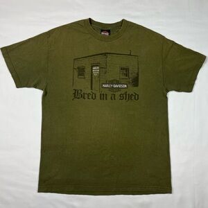Vtg Harley Davidson Mens Bred In A Shed T-Shirt Large Y2K Olive Double Sided B7